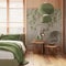 Japanese bedroom with wallpaper and wooden walls in green and beige tones. Parquet floor, master bed, carpets and decors. Minimal
