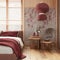 Japanese bedroom with wallpaper and wooden walls in red and beige tones. Parquet floor, master bed, carpets and decors. Minimal