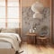 Japanese bedroom with wallpaper and wooden walls in white and beige tones. Parquet floor, master bed, carpets and decors. Minimal