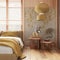 Japanese bedroom with wallpaper and wooden walls in yellow and beige tones. Parquet floor, master bed, carpets and decors. Minimal