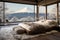 Japanese bedroom, window view of Mount Fuji - luxury interior design - winter landscape