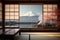 Japanese bedroom, window view of Mount Fuji - luxury interior design - winter landscape