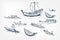 Japanese boats ship sketch vector illustration ink design elements