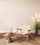 Japanese boho beige interior with armchair background. Light modern natural australian livingroom. Mockup empty brown