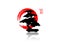 Japanese bonsai tree logo, black plant silhouette icons on white background, green ecology silhouette of bonsai and red sunset