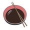 Japanese bowl with soy sauce and wooden sticks. Traditional Oriental food, suitable for sushi, ramen and other national