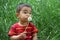 Japanese boy blowing dandelion seeds