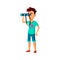 japanese boy looking on mountain through binoculars cartoon vector