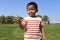 Japanese boy playing with rock-scissor-paper