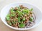 Japanese buckwheat noodle with sliced okura and fermented soybeans called Natto