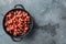 Japanese canned food ingredient, sweet red bean, on gray background, top view flat lay  with copy space for text