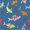 Japanese carps koi seamless pattern, fishes swimming in blue pond water oriental cartoon vector illustration.