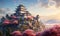 Japanese castle on a beautiful hill seen from afar, ai generative