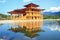 Japanese castle with shadow on water in Hinoki land