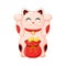 Japanese cat maneki Neko with raised paws and a bag of gold coins. Cute lucky cat. A symbol of wealth. Vector