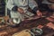 Japanese chef preparing Unagi fish for meal