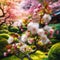 Japanese cherry blossom blooms in oriental garden environment