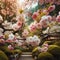 Japanese cherry blossom blooms in oriental garden environment