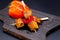 Japanese Chicken Skewers with bell pepper. Yakitori Chicken on wooden board with vegetables