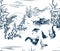 Japanese chinese design sketch ink paint style seamless pattern village chicken birds bulrush pond