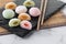 Japanese colorful mochi on marble background