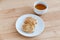 Japanese confectionery taiyaki fish cake wagashi on plate with t