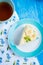 Japanese cotton cheesecake on the blue background