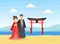 Japanese Couple Wearing National Traditional Clothes Standing on Beautiful Landscape with Traditional Asian Gates Vector