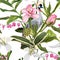 Japanese crane bird and exotic flowers, palm leaves, white background. Floral seamless pattern.