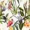 Japanese crane bird, Ibis and exotic flowers, palm leaves, light background. Floral seamless pattern.
