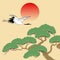 Japanese crane and pine tree with rising sun