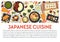 Japanese cuisine banner template with dishes top view and text