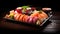 Japanese Cuisine on Black Plate: Fresh Sushi and Seafood with Rice on a dark background