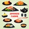 Japanese cuisine dinner with dessert cartoon icon