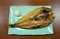 Japanese cuisine, grilled shima hokke fish on green ceramic square dish