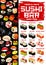 Japanese cuisine menu, sushi and rolls