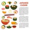 Japanese cuisine promotional poster with traditional dishes and sample text