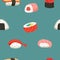 Japanese cuisine. Seamless pattern. Sushi and rolls.