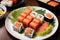 japanese cuisine. sushi and rolls on the table in the restaurant. Generative AI