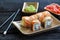 Japanese cuisine-sushi with salmon with wasabi and ginger