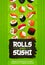 Japanese cuisine sushi, uramaki and rolls