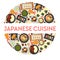 Japanese cuisine traditional dishes icons set in circle