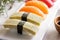 Japanese cuisines nigiri sushi set with wasabi, soy sauce, and c