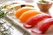 Japanese cuisines nigiri sushi set with wasabi, soy sauce, and c