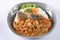 Japanese curry rice with deep fried fish (Sea Bass) isolated on