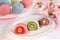 Japanese dessert daifuku mochi with sweet bean paste and fruits