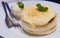 Japanese dessert. Fluffy Japanese Souffle Pancakes serve with vanilla ice cream