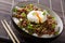 Japanese dish: spicy meat Soboro with egg poached and rice close