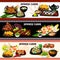 Japanese dishes with fish, seafood and veggies