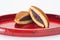 Japanese Dorayaki cake with red bean filling on bambo tray